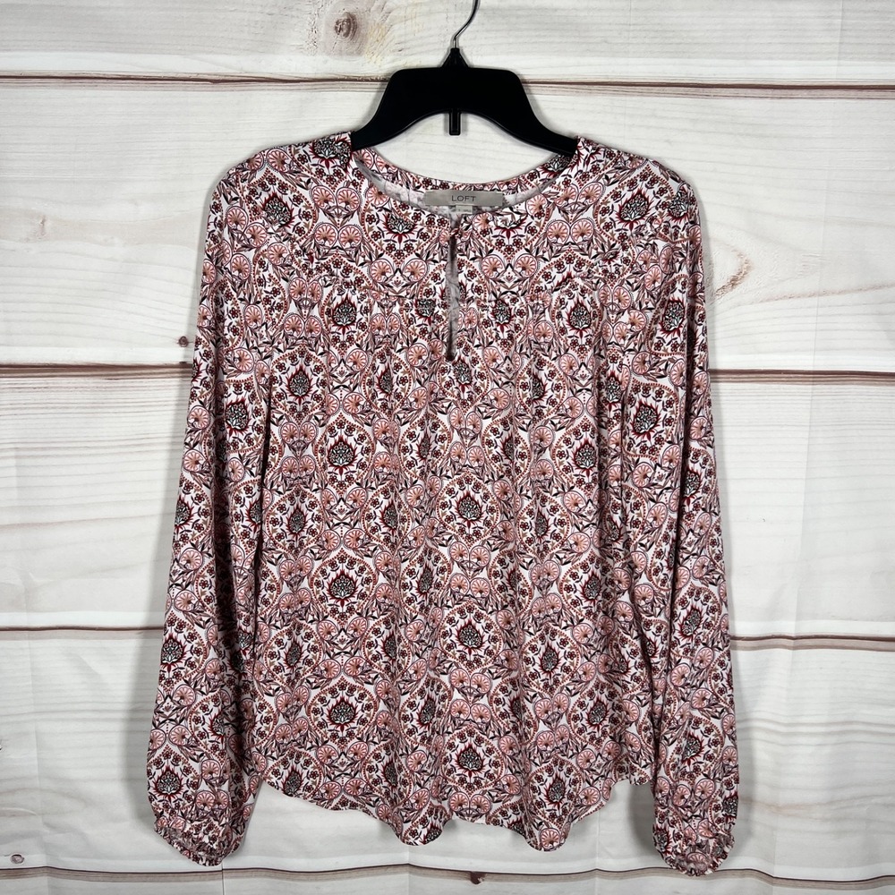 LOFT Top Womens Small Multicolor Floral Blouse Keyhole Neck Woven Knit Pullover